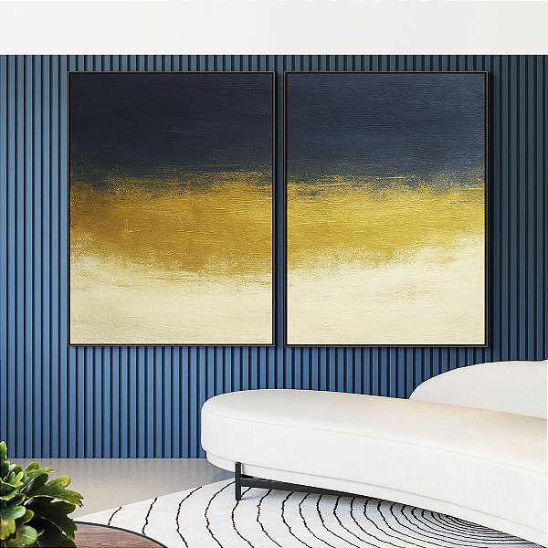 Duo de Quadros Abstrato Azul Dourado Marfim Canvas Moldura