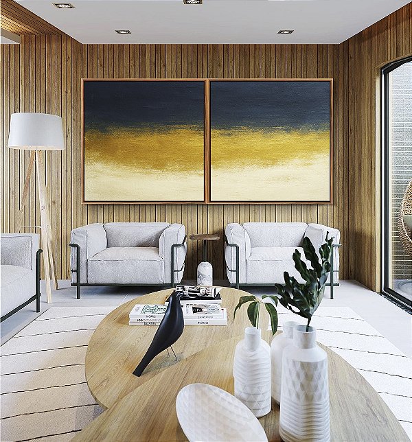 Duo de Quadros Quadrados Abstrato Azul Dourado Marfim Canvas Moldura