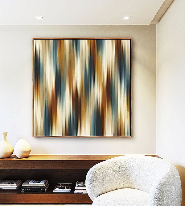 Quadro Quadrado Abstrato Listras Degradê Azul Bronze Canvas Moldura