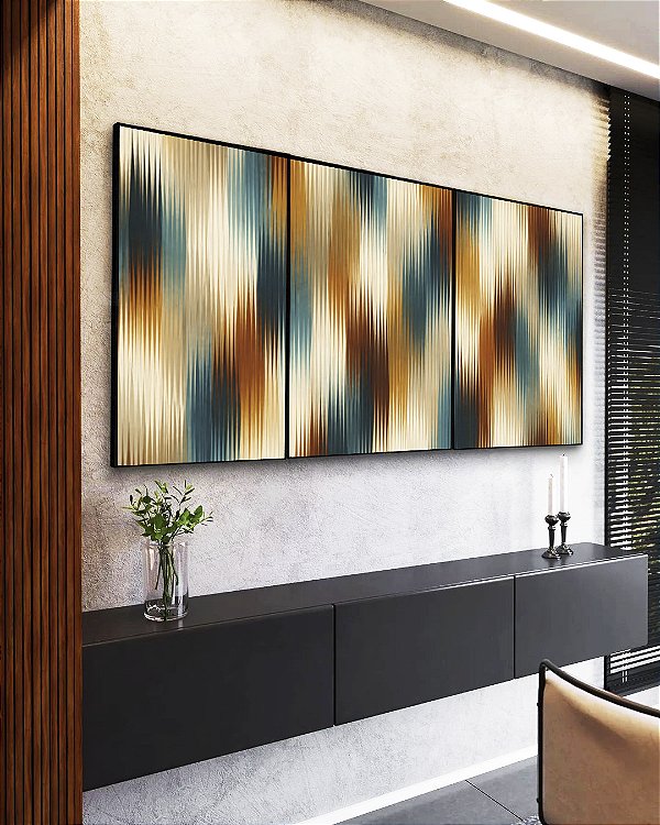 Trio de Quadros Abstrato Listras Degradê Azul Bronze Canvas Moldura