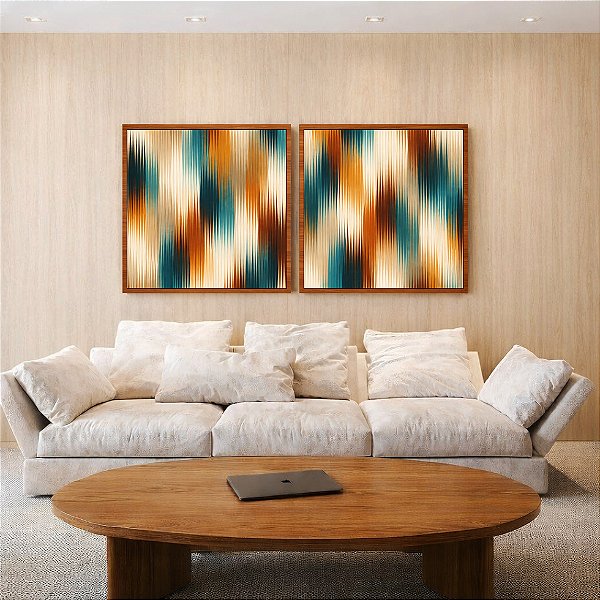 Duo de Quadros Quadrados Abstrato Listras Degradê Azul Bronze Canvas Moldura