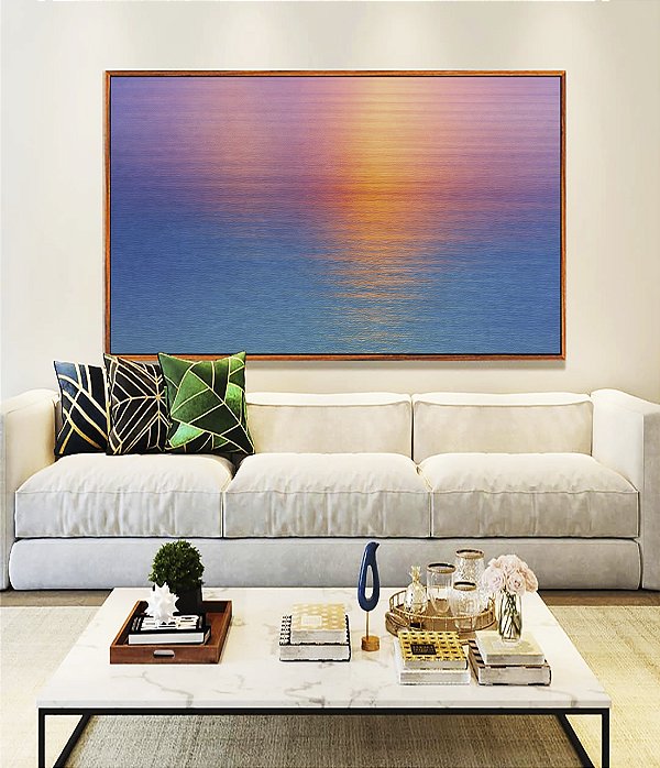 Quadro Horizontal Mar Azul Reflexo Por do Sol Rosa Céu Canvas Moldura
