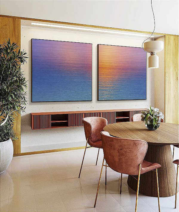 Duo de Quadros Quadrados Mar Azul Reflexo Por do Sol Rosa Céu Canvas Moldura