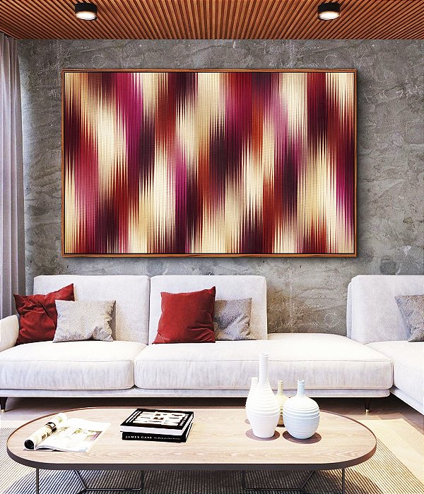 Quadro Horizontal Abstrato Listras Degradê Rosa Bordô Vermelho Canvas Moldura