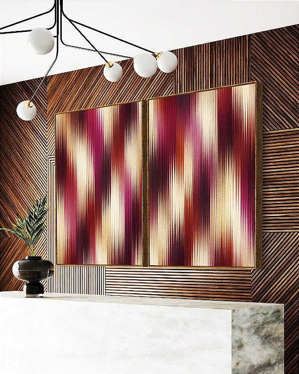 Duo de Quadros Abstrato Listras Degradê Rosa Bordô Vermelho Canvas Moldura