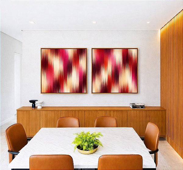 Duo de Quadros Quadrados Abstrato Listras Degradê Rosa Bordô Vermelho Canvas Moldura