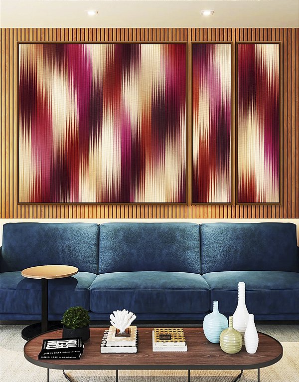 Trio de Quadros Estilizados Abstrato Listras Degradê Rosa Bordô Vermelho Canvas Moldura
