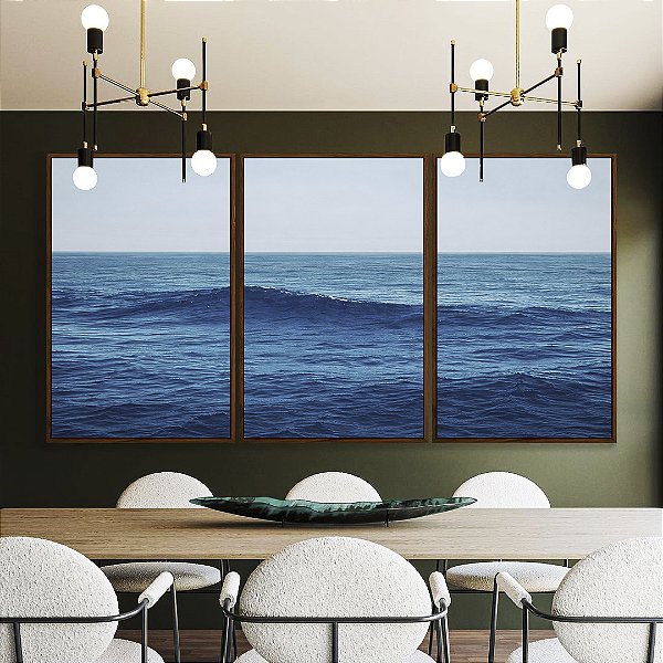 Trio de Quadros Mar Alto Ondulado Céu Azul Natureza Canvas Moldura