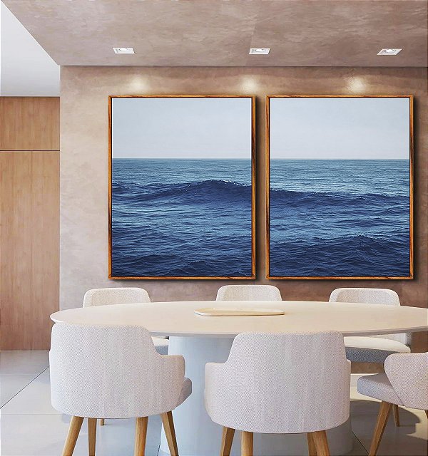Duo de Quadros Mar Alto Ondulado Céu Azul Natureza Canvas Moldura