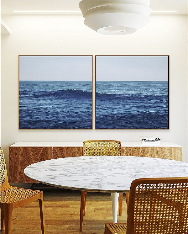 Duo de Quadros Quadrados Mar Alto Ondulado Céu Azul Natureza Canvas Moldura