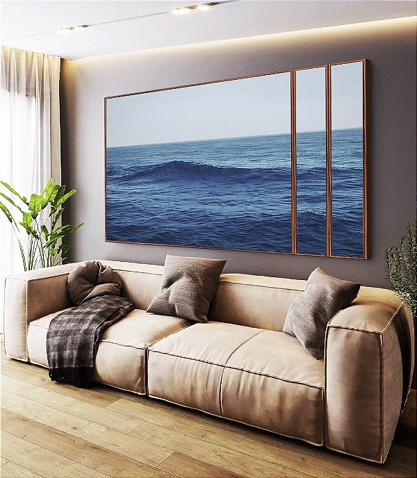 Trio de Quadros Estilizados Mar Alto Ondulado Céu Azul Natureza Canvas Moldura