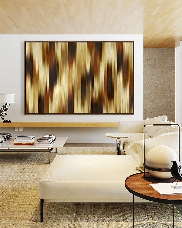 Quadro Horizontal Abstrato Listras Degradê Bronze Cobre Bege Canvas Moldura