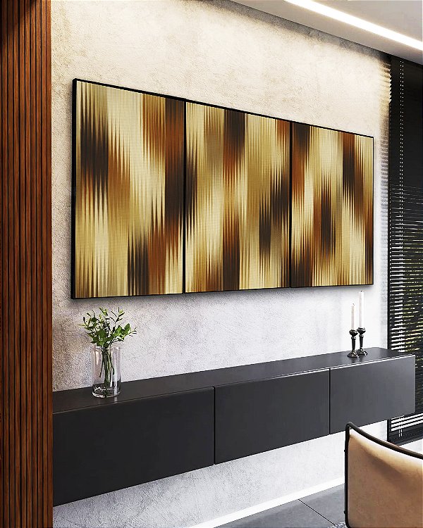 Trio de Quadros Abstrato Listras Degradê Bronze Cobre Bege Canvas Moldura