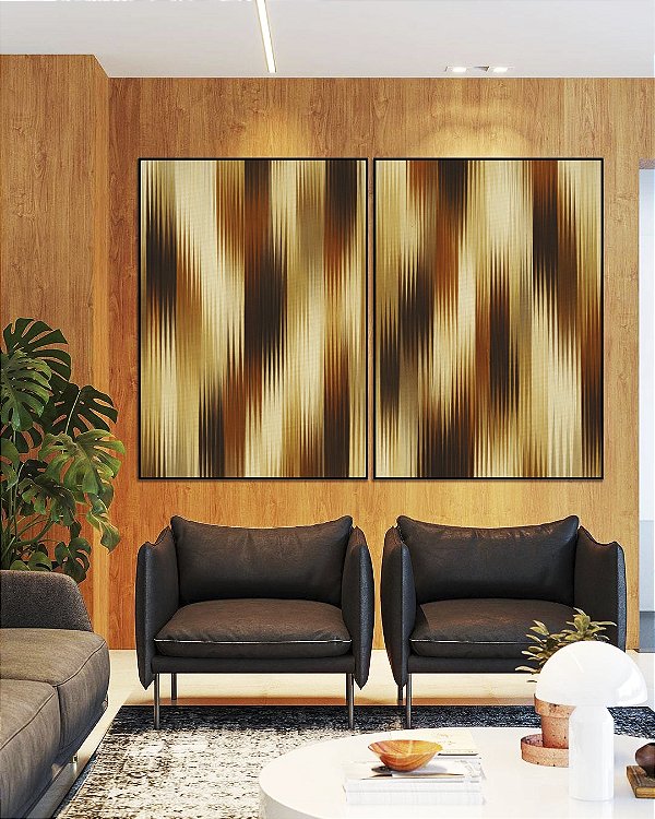 Duo de Quadros Abstrato Listras Degradê Bronze Cobre Bege Canvas Moldura