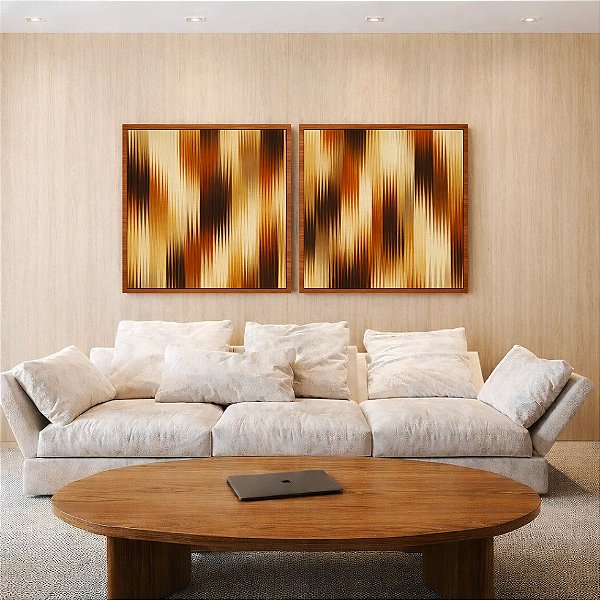 Duo de Quadros Quadrados Abstrato Listras Degradê Bronze Cobre Bege Canvas Moldura