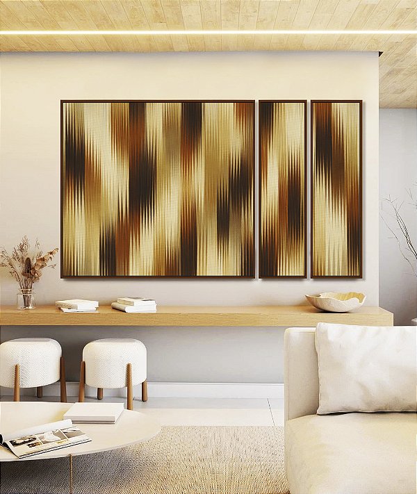 Trio de Quadros Estilizados Abstrato Listras Degradê Bronze Cobre Bege Canvas Moldura