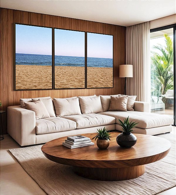 Trio de Quadros Praia Areia Mar Azul Céu Claro Canvas Moldura