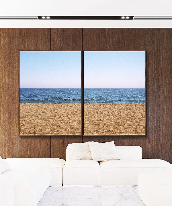 Duo de Quadros Praia Areia Mar Azul Céu Claro Canvas Moldura
