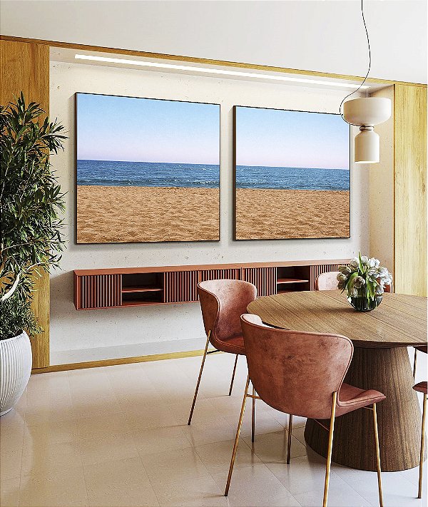 Duo de Quadros Quadrados Praia Areia Mar Azul Céu Claro Canvas Moldura