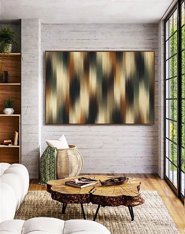 Quadro Horizontal Abstrato Listras Degradê Verde Cobre Marfim Canvas Moldura