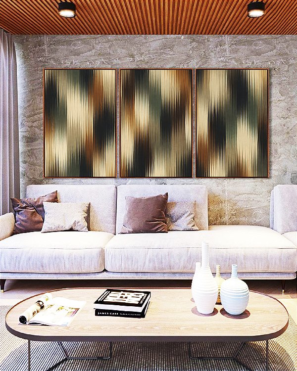 Trio de Quadros Abstrato Listras Degradê Verde Cobre Marfim Canvas Moldura
