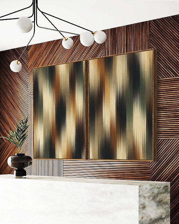 Duo de Quadros Abstrato Listras Degradê Verde Cobre Marfim Canvas Moldura