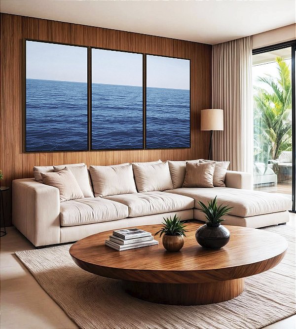 Trio de Quadros Mar Alto Calmo Céu Azul Claro Natureza Canvas Moldura