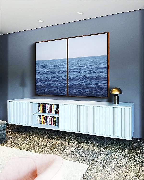 Duo de Quadros Mar Alto Calmo Céu Azul Claro Natureza Canvas Moldura