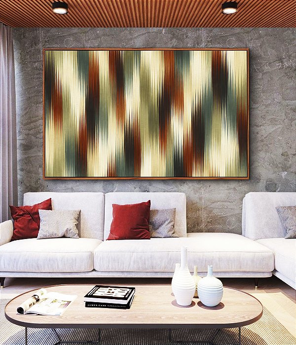 Quadro Horizontal Abstrato Listras Laranja Verde Bege Canvas Moldura