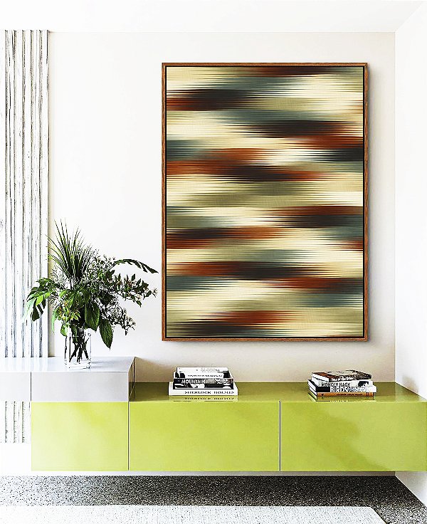 Quadro Vertical Abstrato Listras Laranja Verde Bege Canvas Moldura