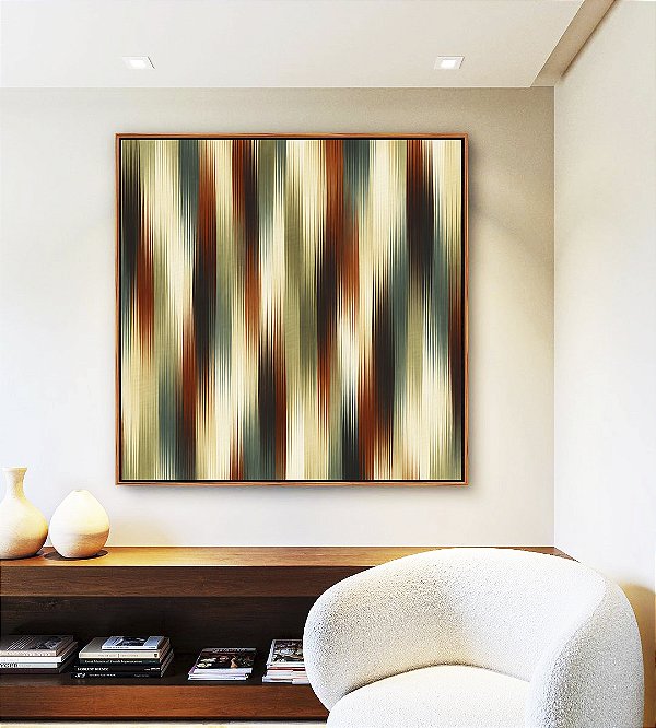Quadro Quadrado Abstrato Listras Laranja Verde Bege Canvas Moldura