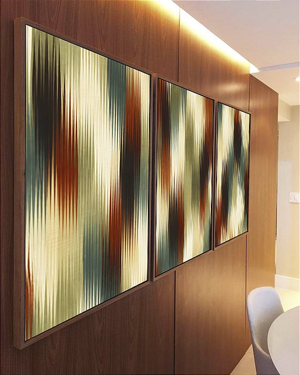 Trio de Quadros Abstrato Listras Laranja Verde Bege Canvas Moldura