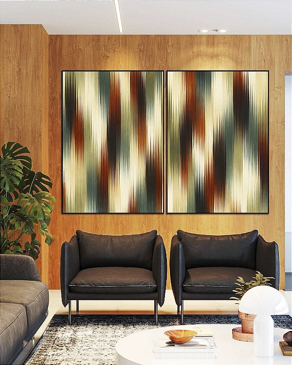 Duo de Quadros Abstrato Listras Laranja Verde Bege Canvas Moldura