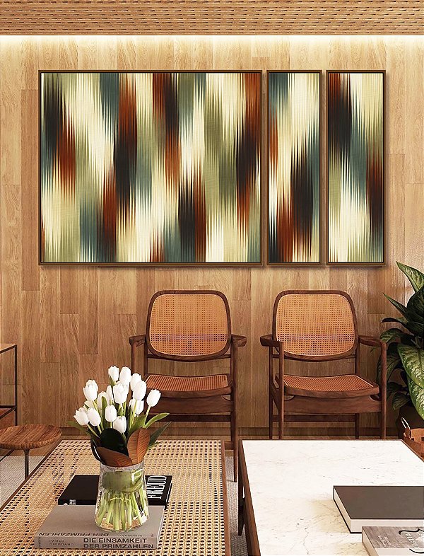 Trio de Quadros Estilizados Abstrato Listras Laranja Verde Bege Canvas Moldura