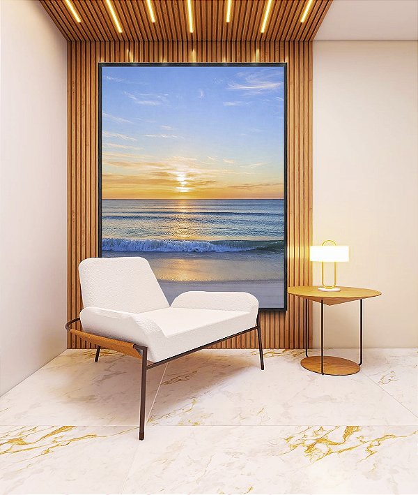 Quadro Vertical Nascer do Sol Praia Mar Azul Natureza Canvas Moldura