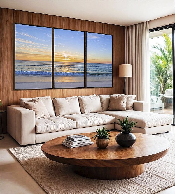 Trio de Quadros Nascer do Sol Praia Mar Azul Natureza Canvas Moldura