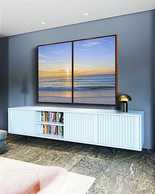 Duo de Quadros Nascer do Sol Praia Mar Azul Natureza Canvas Moldura