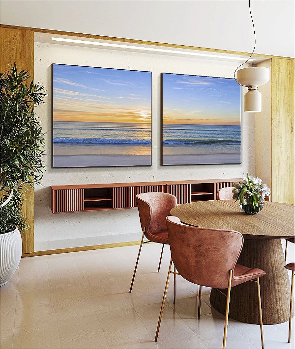 Duo de Quadros Quadrados Nascer do Sol Praia Mar Azul Natureza Canvas Moldura
