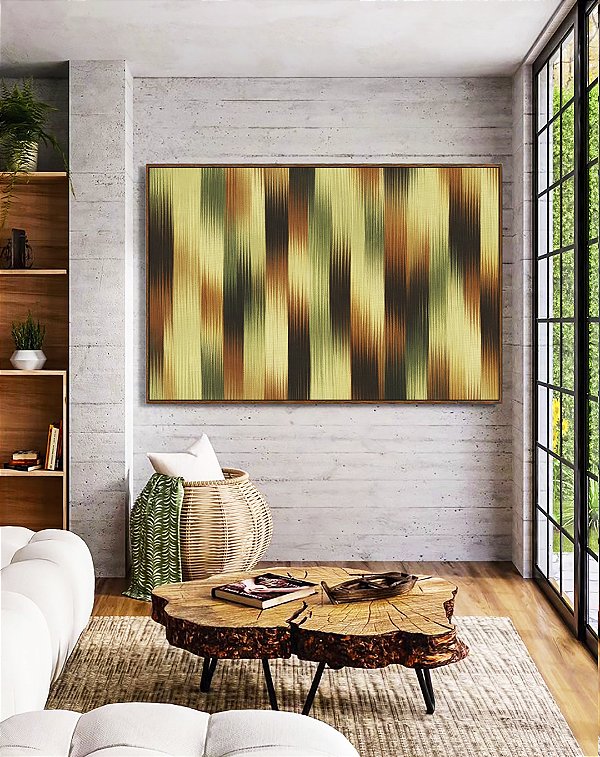 Quadro Horizontal Abstrato Listras Degradê Verde Marrom Cobre Canvas Moldura
