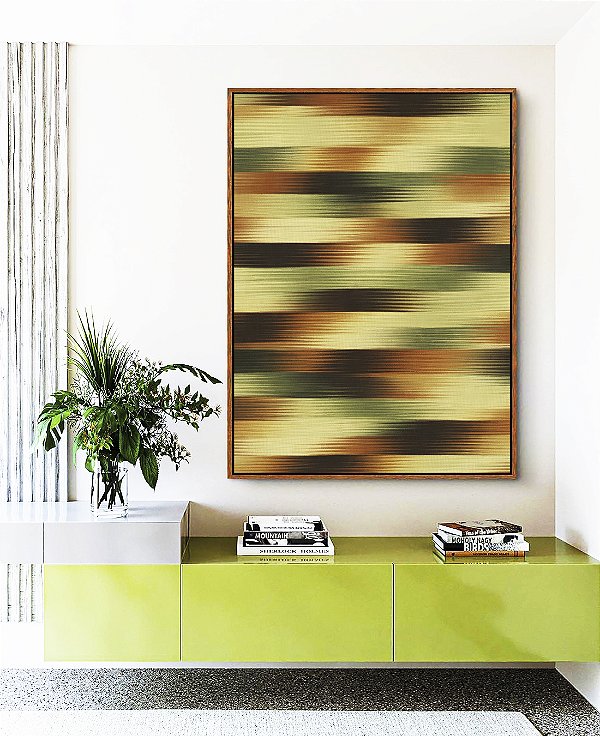 Quadro Vertical Abstrato Listras Degradê Verde Marrom Cobre Canvas Moldura