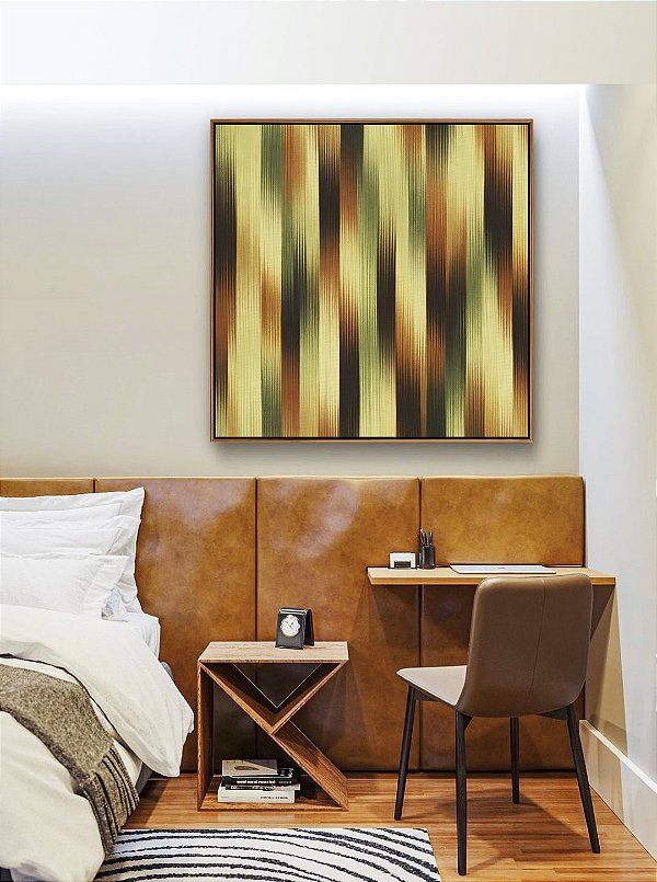Quadro Quadrado Abstrato Listras Degradê Verde Marrom Cobre Canvas Moldura