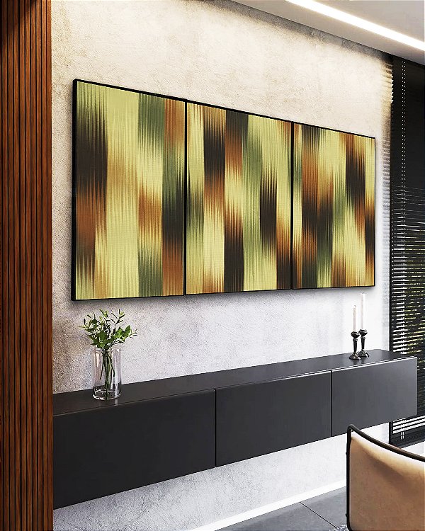 Trio de Quadros Abstrato Listras Degradê Verde Marrom Cobre Canvas Moldura