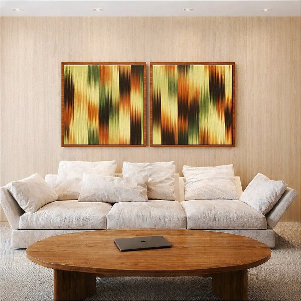 Duo de Quadros Quadrados Abstrato Listras Degradê Verde Marrom Cobre Canvas Moldura