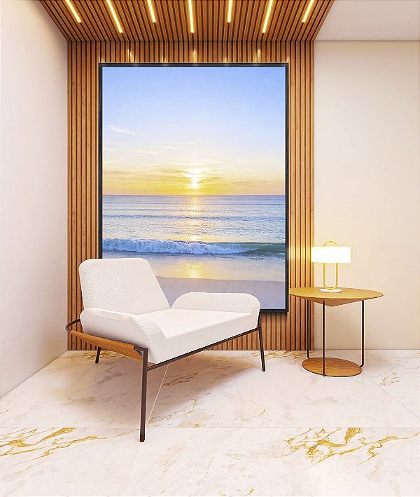 Quadro Vertical Praia Mar Azul Claro Nascer do Sol Natureza Canvas Moldura