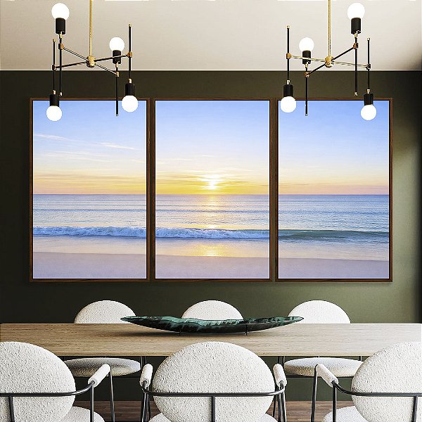 Trio de Quadros Praia Mar Azul Claro Nascer do Sol Natureza Canvas Moldura