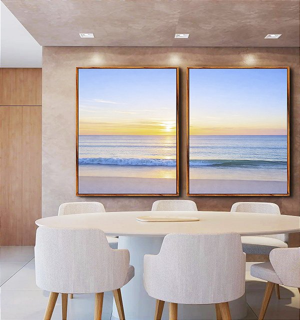 Duo de Quadros Praia Mar Azul Claro Nascer do Sol Natureza Canvas Moldura