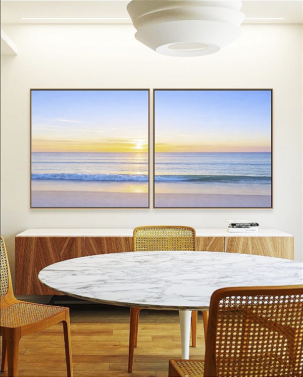 Duo de Quadros Quadrados Praia Mar Azul Claro Nascer do Sol Natureza Canvas Moldura
