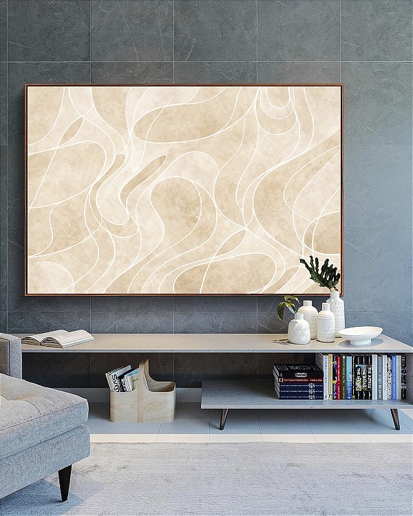 Quadro Horizontal Abstrato Marfim Areia Creme Contornos Canvas Moldura