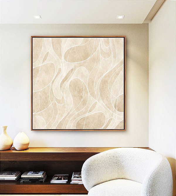 Quadro Quadrado Abstrato Marfim Areia Creme Contornos Canvas Moldura