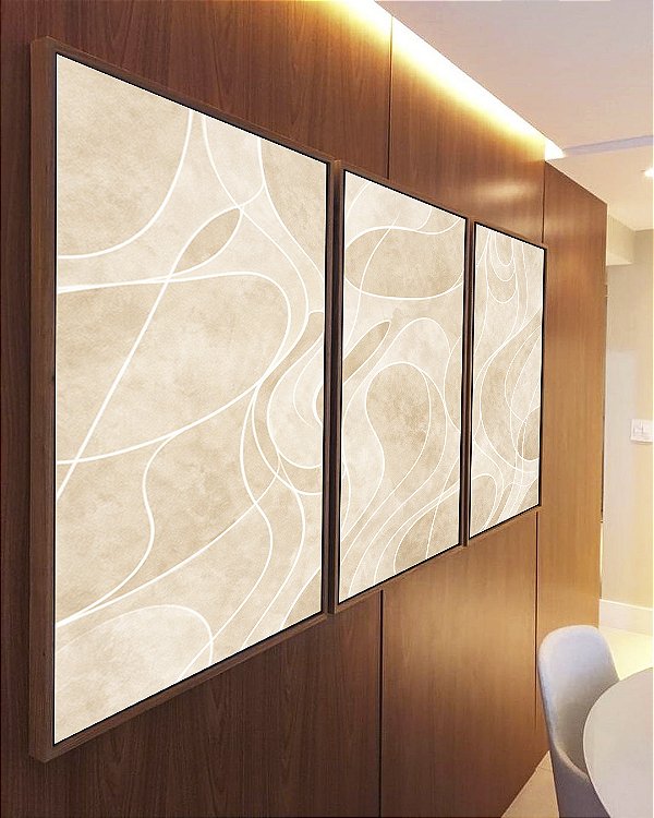 Trio de Quadros Abstrato Marfim Areia Creme Contornos Canvas Moldura